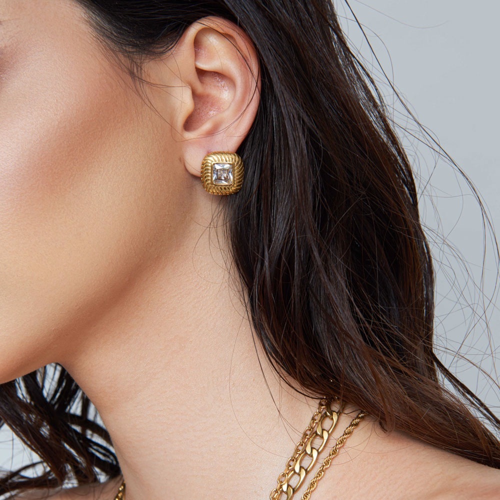 18K Gold Square Cut Pink CZ Dimensional Stud Earrings - Picture 2 of 8